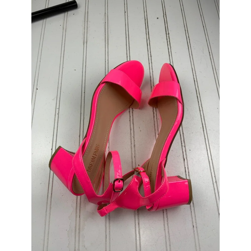 Dream Pairs Hot Neon Pink Patent Leather Block Heel Sandals Women's Size 11